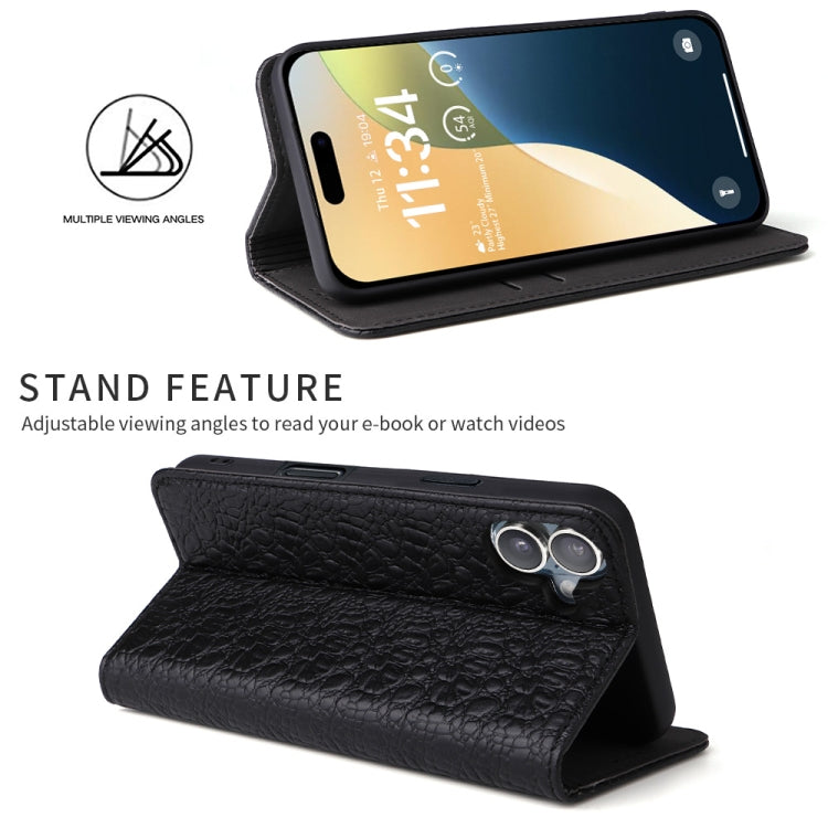 For iPhone 16 Plus Fierre Shann Crocodile Texture Magnetic Genuine Leather Phone Case(Black) by FIERRE SHANN
