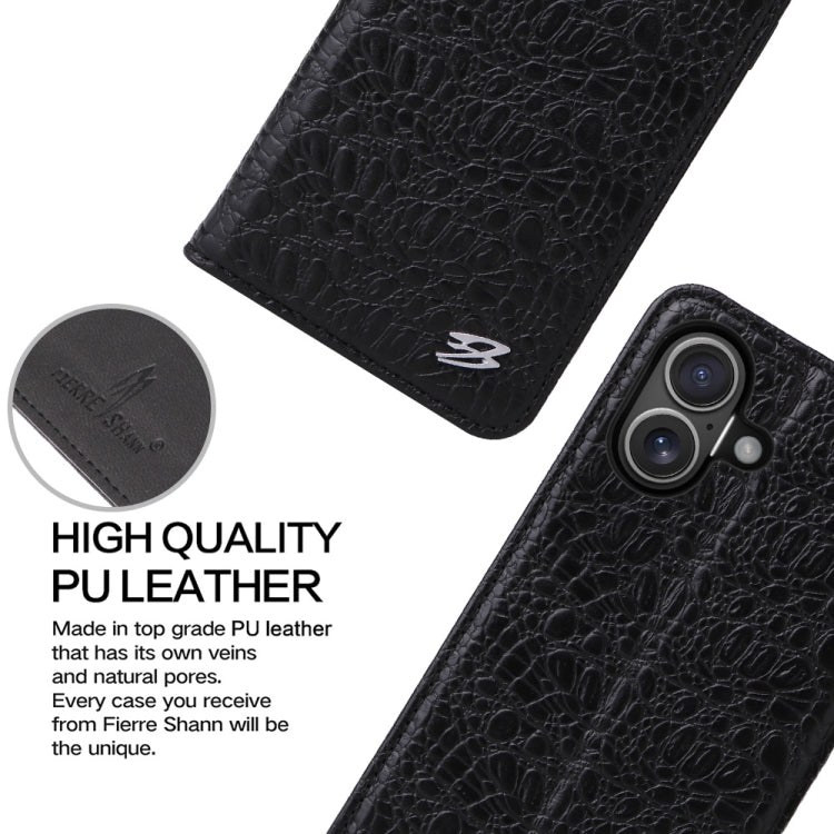 For iPhone 16 Plus Fierre Shann Crocodile Texture Magnetic Genuine Leather Phone Case(Black) by FIERRE SHANN