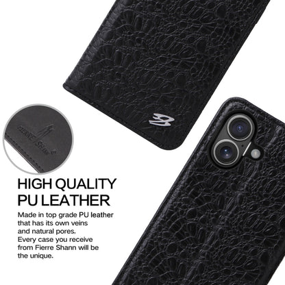 For iPhone 16 Plus Fierre Shann Crocodile Texture Magnetic Genuine Leather Phone Case(Black) by FIERRE SHANN