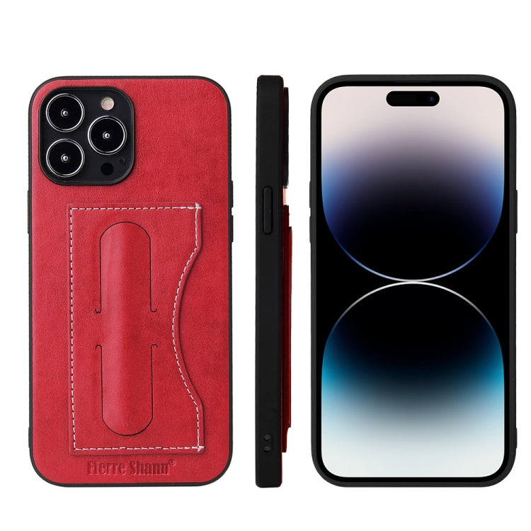For iPhone 15 Pro Fierre Shann Holder Back Cover PU Phone Case(Red) - iPhone 15 Pro Cases by FIERRE SHANN | Online Shopping UK | buy2fix