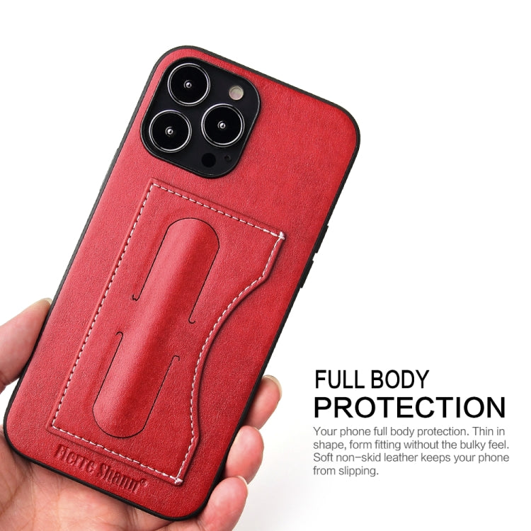 For iPhone 15 Pro Fierre Shann Holder Back Cover PU Phone Case(Red) - iPhone 15 Pro Cases by FIERRE SHANN | Online Shopping UK | buy2fix
