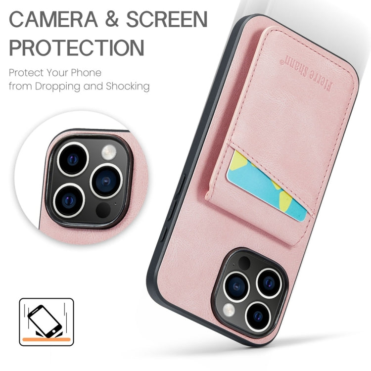 For iPhone 16 Pro Max Fierre Shann Crazy Horse Card Holder Back Cover PU Phone Case(Pink) by FIERRE SHANN