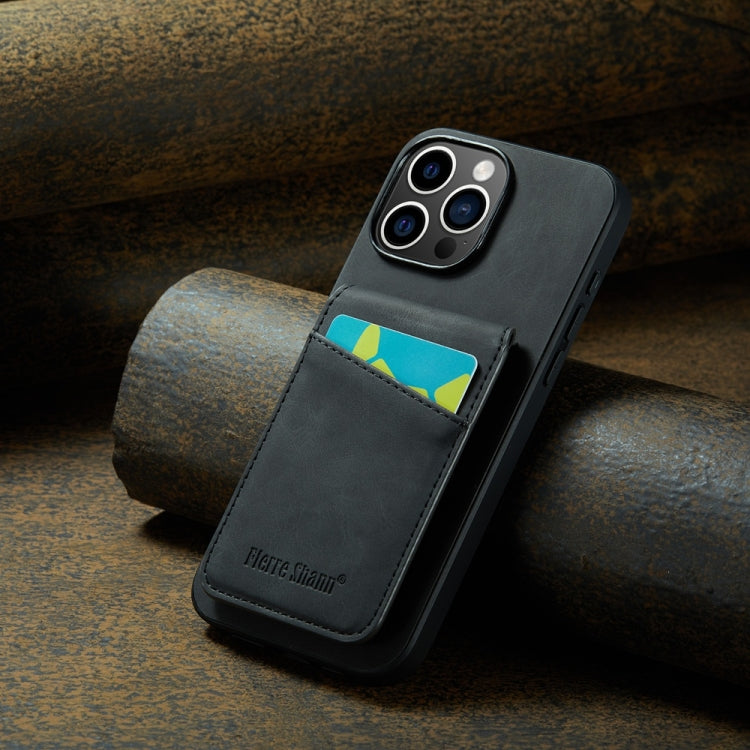 For iPhone 16 Pro Max Fierre Shann Crazy Horse Card Holder Back Cover PU Phone Case(Black) by FIERRE SHANN