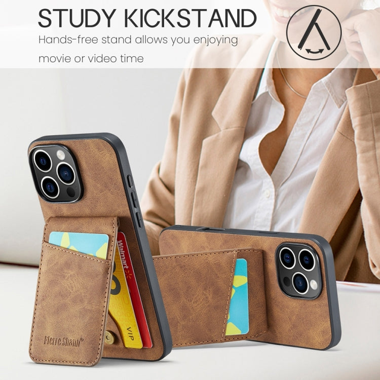 For iPhone 16 Pro Max Fierre Shann Crazy Horse Card Holder Back Cover PU Phone Case(Brown) by FIERRE SHANN