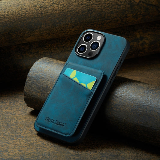 For iPhone 16 Pro Fierre Shann Crazy Horse Card Holder Back Cover PU Phone Case(Blue) by FIERRE SHANN