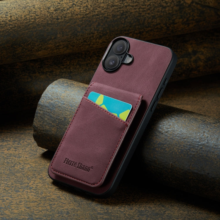 For iPhone 16 Plus Fierre Shann Crazy Horse Card Holder Back Cover PU Phone Case(Wine Red) by FIERRE SHANN