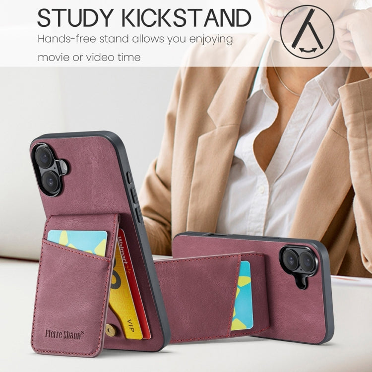 For iPhone 16 Plus Fierre Shann Crazy Horse Card Holder Back Cover PU Phone Case(Wine Red) by FIERRE SHANN