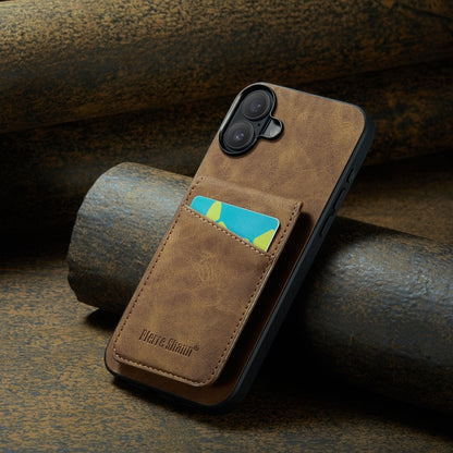 For iPhone 16 Plus Fierre Shann Crazy Horse Card Holder Back Cover PU Phone Case(Brown) by FIERRE SHANN