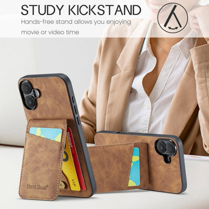 For iPhone 16 Plus Fierre Shann Crazy Horse Card Holder Back Cover PU Phone Case(Brown) by FIERRE SHANN