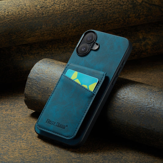 For iPhone 16 Plus Fierre Shann Crazy Horse Card Holder Back Cover PU Phone Case(Blue) by FIERRE SHANN