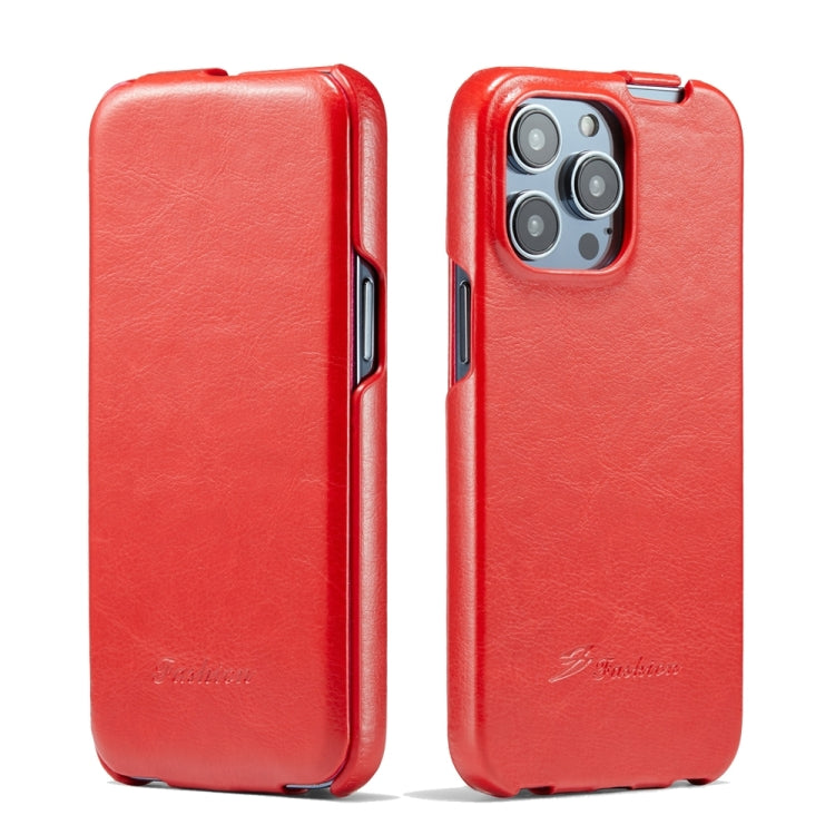 For iPhone 15 Pro Fierre Shann Oil Wax Texture Vertical Flip PU Phone Case(Red) - iPhone 15 Pro Cases by FIERRE SHANN | Online Shopping UK | buy2fix