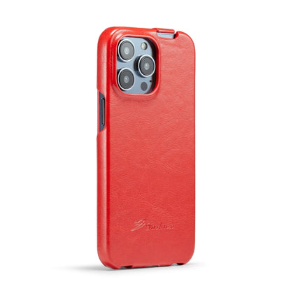 For iPhone 15 Pro Fierre Shann Oil Wax Texture Vertical Flip PU Phone Case(Red) - iPhone 15 Pro Cases by FIERRE SHANN | Online Shopping UK | buy2fix