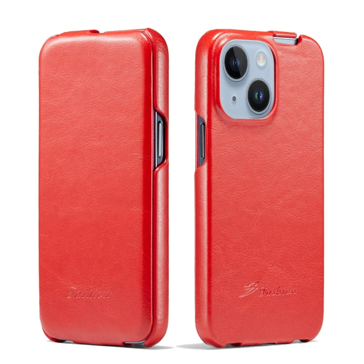 For iPhone 15 Fierre Shann Oil Wax Texture Vertical Flip PU Phone Case(Red) - iPhone 15 Cases by FIERRE SHANN | Online Shopping UK | buy2fix