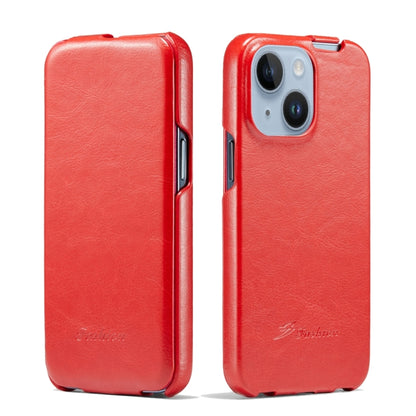 For iPhone 15 Fierre Shann Oil Wax Texture Vertical Flip PU Phone Case(Red) - iPhone 15 Cases by FIERRE SHANN | Online Shopping UK | buy2fix
