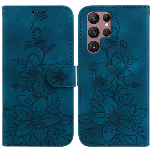 For Samsung Galaxy S22 Ultra 5G Lily Embossed Leather Phone Case(Dark Blue) by buy2fix