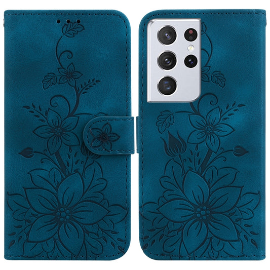 For Samsung Galaxy S21 Ultra 5G Lily Embossed Leather Phone Case(Dark Blue) by buy2fix