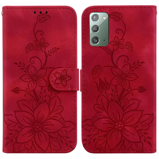 For Samsung Galaxy Note20 Lily Embossed Leather Phone Case(Red)