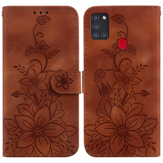 For Samsung Galaxy A21s Lily Embossed Leather Phone Case(Brown)