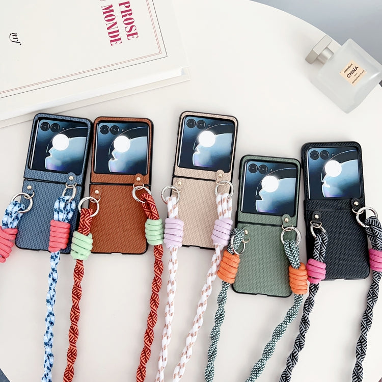 For Motorola Razr 50 Woven Texture Phone Case With Lanyard(Brown) by buy2fix