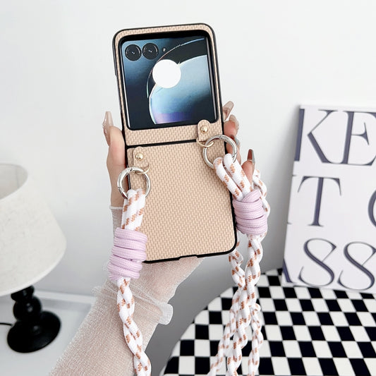 For Motorola Razr 50 Woven Texture Phone Case With Lanyard(Beige) by buy2fix