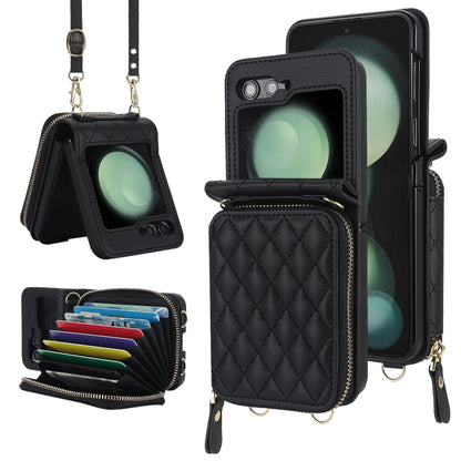 For Samsung Galaxy Z Flip5 Rhombic Texture Card Bag Phone Case with Dual Lanyard(Black) - Galaxy Z Flip5 Cases by buy2fix | Online Shopping UK | buy2fix