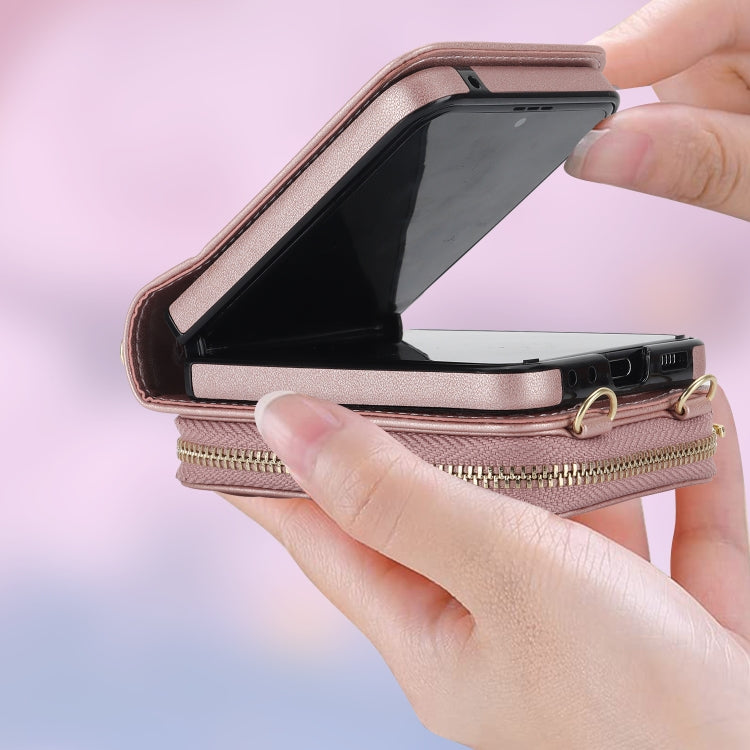 For Samsung Galaxy Z Flip5 Rhombic Texture Card Bag Phone Case with Dual Lanyard(Rose Gold) - Galaxy Z Flip5 Cases by buy2fix | Online Shopping UK | buy2fix