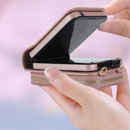 For Samsung Galaxy Z Flip5 Rhombic Texture Card Bag Phone Case with Dual Lanyard(Rose Gold) - Galaxy Z Flip5 Cases by buy2fix | Online Shopping UK | buy2fix