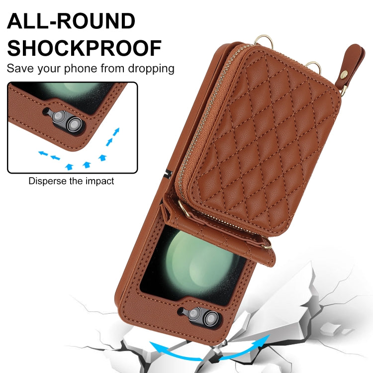 For Samsung Galaxy Z Flip5 Rhombic Texture Card Bag Phone Case with Dual Lanyard(Brown) - Galaxy Z Flip5 Cases by buy2fix | Online Shopping UK | buy2fix