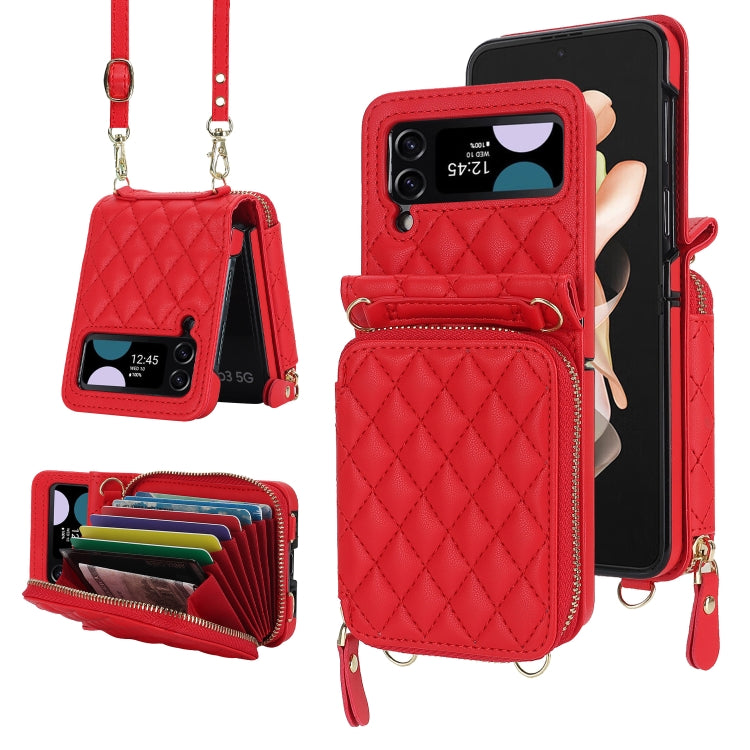 For Samsung Galaxy Z Flip4 Rhombic Texture Card Bag Phone Case with Dual Lanyard(Red) - Galaxy Z Flip4 5G Cases by buy2fix | Online Shopping UK | buy2fix