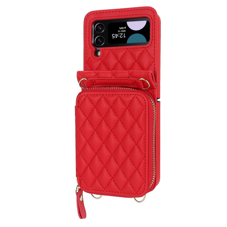 For Samsung Galaxy Z Flip4 Rhombic Texture Card Bag Phone Case with Dual Lanyard(Red) - Galaxy Z Flip4 5G Cases by buy2fix | Online Shopping UK | buy2fix