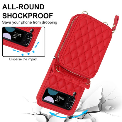 For Samsung Galaxy Z Flip4 Rhombic Texture Card Bag Phone Case with Dual Lanyard(Red) - Galaxy Z Flip4 5G Cases by buy2fix | Online Shopping UK | buy2fix