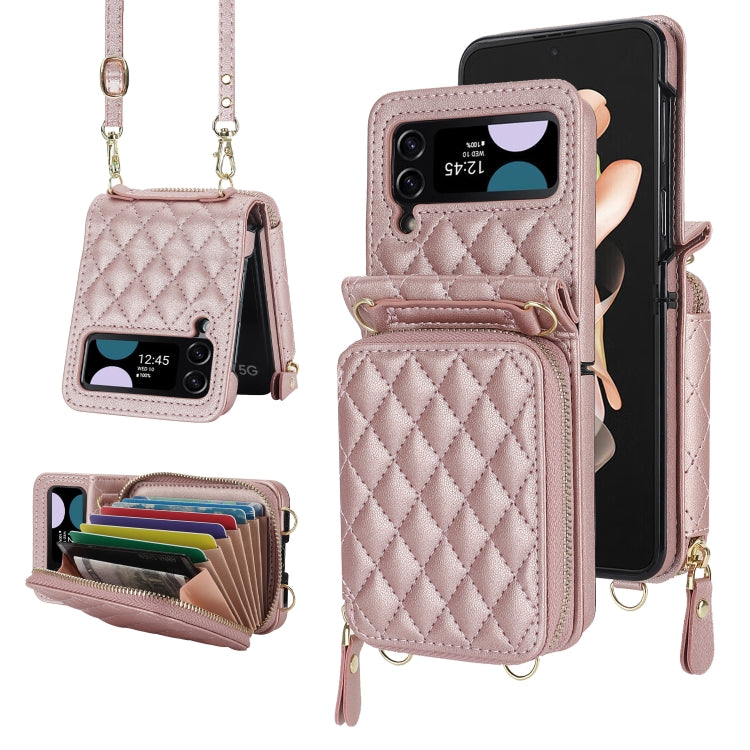 For Samsung Galaxy Z Flip4 Rhombic Texture Card Bag Phone Case with Dual Lanyard(Rose Gold) - Galaxy Z Flip4 5G Cases by buy2fix | Online Shopping UK | buy2fix