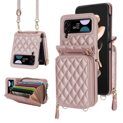 For Samsung Galaxy Z Flip4 Rhombic Texture Card Bag Phone Case with Dual Lanyard(Rose Gold) - Galaxy Z Flip4 5G Cases by buy2fix | Online Shopping UK | buy2fix