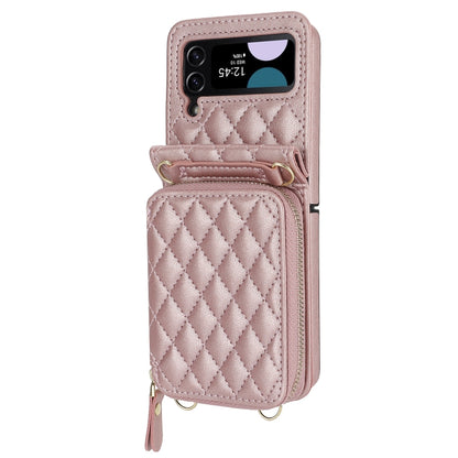 For Samsung Galaxy Z Flip4 Rhombic Texture Card Bag Phone Case with Dual Lanyard(Rose Gold) - Galaxy Z Flip4 5G Cases by buy2fix | Online Shopping UK | buy2fix