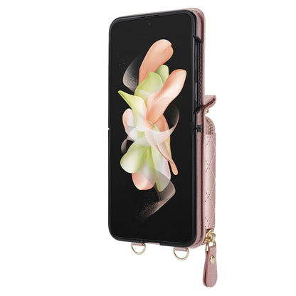 For Samsung Galaxy Z Flip4 Rhombic Texture Card Bag Phone Case with Dual Lanyard(Rose Gold) - Galaxy Z Flip4 5G Cases by buy2fix | Online Shopping UK | buy2fix