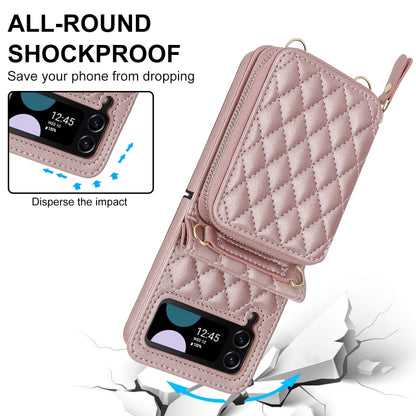 For Samsung Galaxy Z Flip4 Rhombic Texture Card Bag Phone Case with Dual Lanyard(Rose Gold) - Galaxy Z Flip4 5G Cases by buy2fix | Online Shopping UK | buy2fix