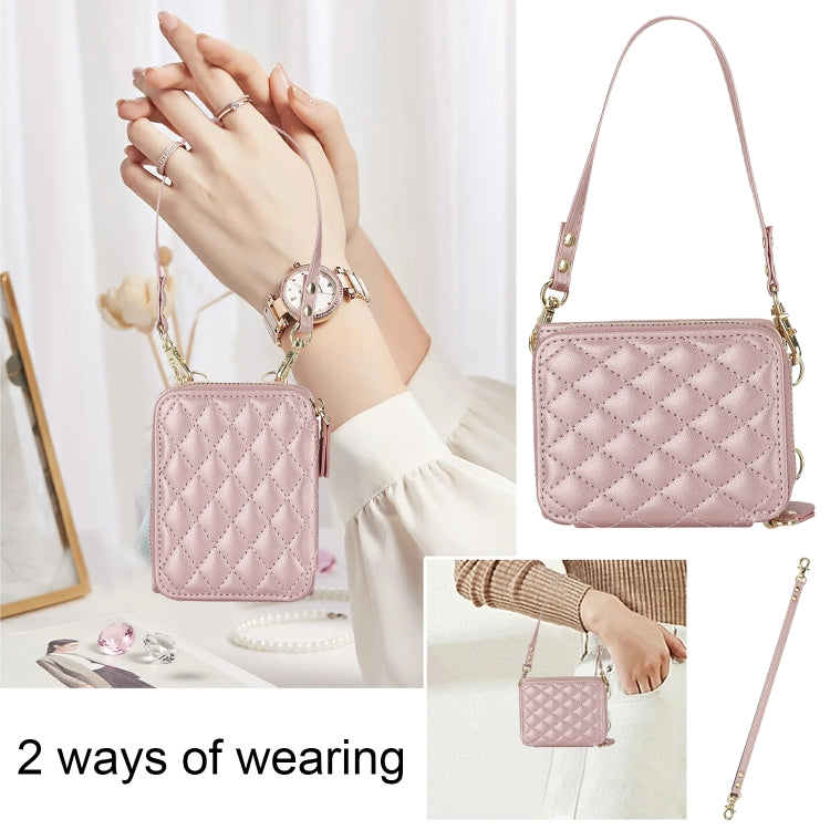 For Samsung Galaxy Z Flip4 Rhombic Texture Card Bag Phone Case with Dual Lanyard(Rose Gold) - Galaxy Z Flip4 5G Cases by buy2fix | Online Shopping UK | buy2fix