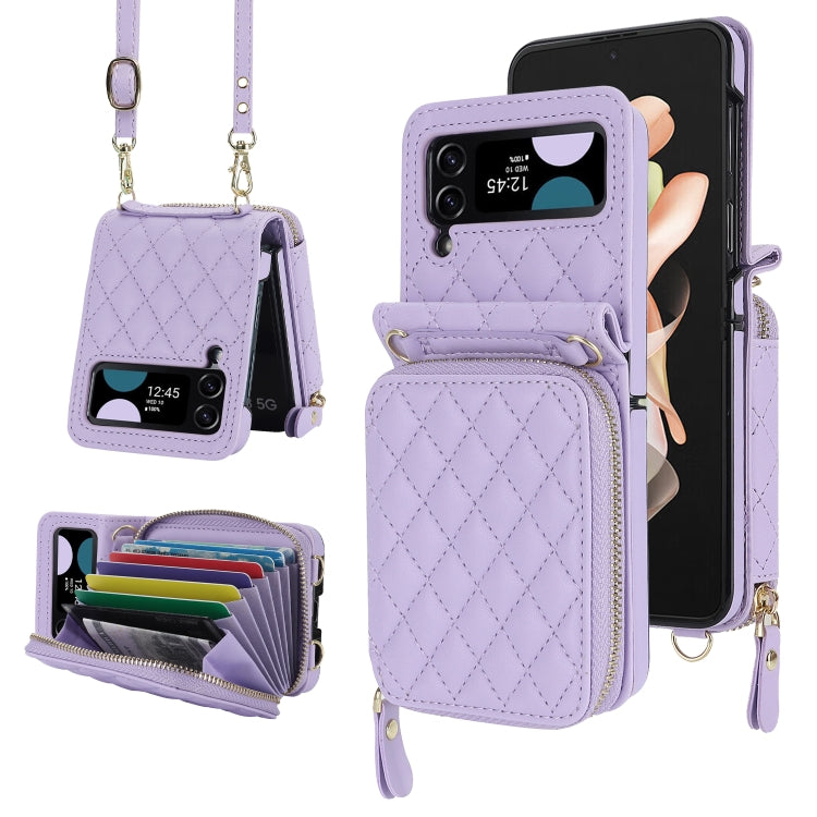 For Samsung Galaxy Z Flip4 Rhombic Texture Card Bag Phone Case with Dual Lanyard(Purple) - Galaxy Z Flip4 5G Cases by buy2fix | Online Shopping UK | buy2fix