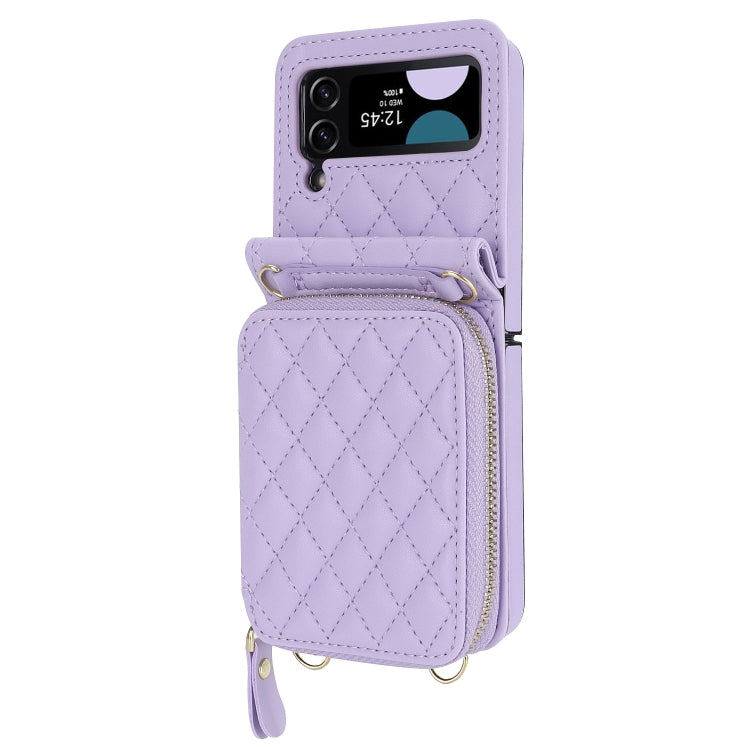 For Samsung Galaxy Z Flip4 Rhombic Texture Card Bag Phone Case with Dual Lanyard(Purple) - Galaxy Z Flip4 5G Cases by buy2fix | Online Shopping UK | buy2fix