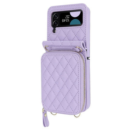 For Samsung Galaxy Z Flip4 Rhombic Texture Card Bag Phone Case with Dual Lanyard(Purple) - Galaxy Z Flip4 5G Cases by buy2fix | Online Shopping UK | buy2fix