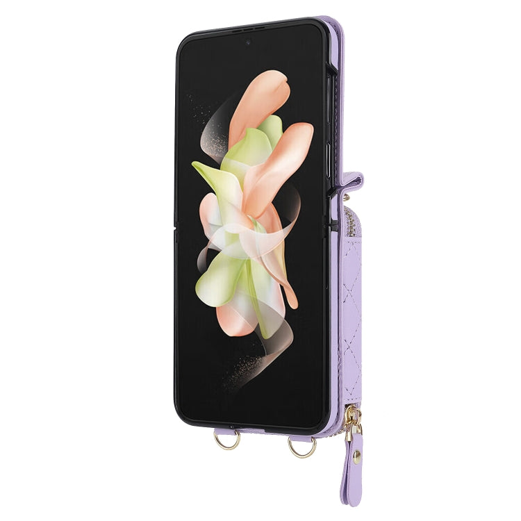 For Samsung Galaxy Z Flip4 Rhombic Texture Card Bag Phone Case with Dual Lanyard(Purple) - Galaxy Z Flip4 5G Cases by buy2fix | Online Shopping UK | buy2fix