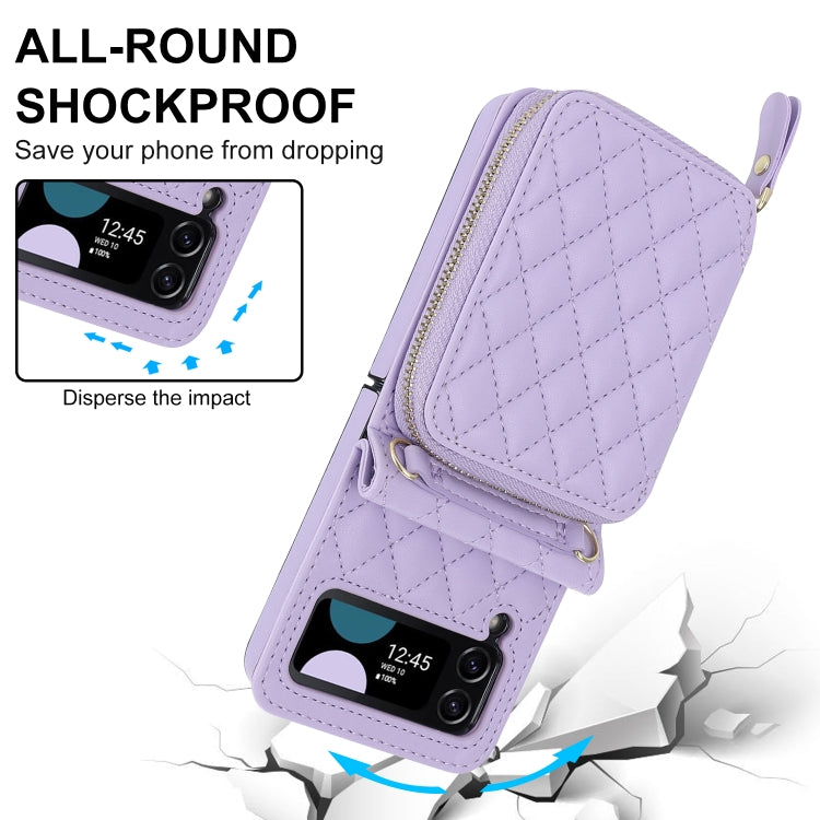 For Samsung Galaxy Z Flip4 Rhombic Texture Card Bag Phone Case with Dual Lanyard(Purple) - Galaxy Z Flip4 5G Cases by buy2fix | Online Shopping UK | buy2fix