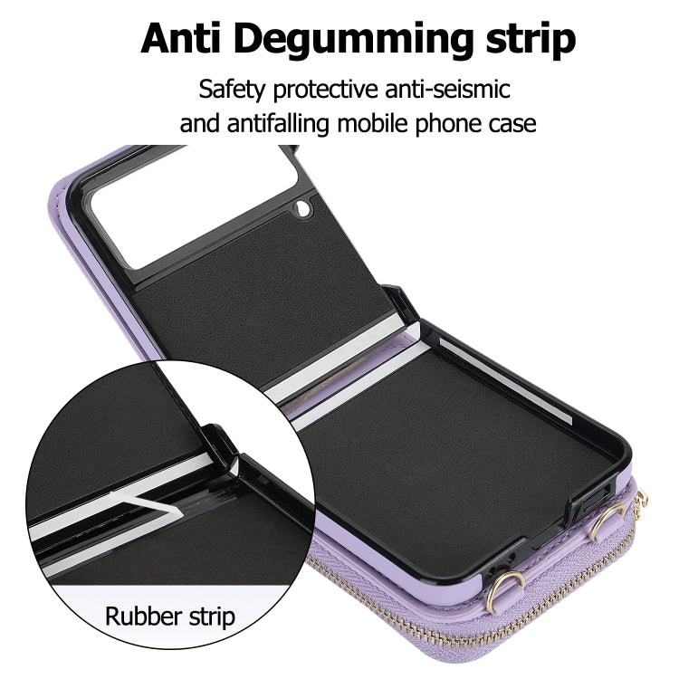 For Samsung Galaxy Z Flip4 Rhombic Texture Card Bag Phone Case with Dual Lanyard(Purple) - Galaxy Z Flip4 5G Cases by buy2fix | Online Shopping UK | buy2fix