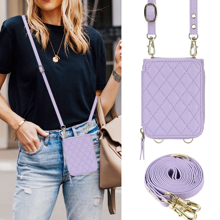 For Samsung Galaxy Z Flip4 Rhombic Texture Card Bag Phone Case with Dual Lanyard(Purple) - Galaxy Z Flip4 5G Cases by buy2fix | Online Shopping UK | buy2fix