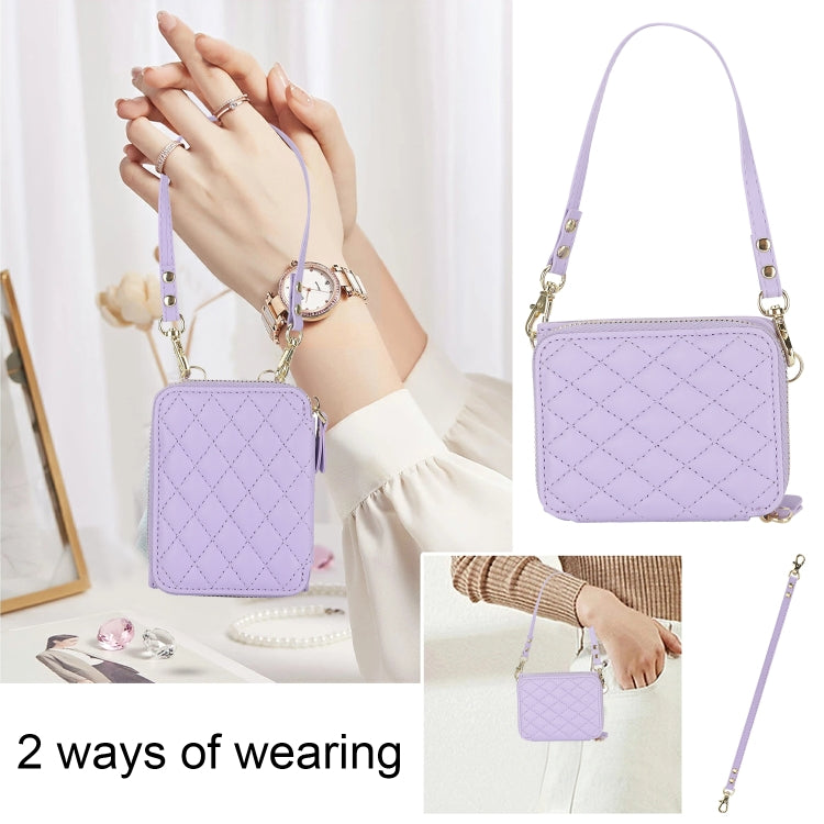 For Samsung Galaxy Z Flip4 Rhombic Texture Card Bag Phone Case with Dual Lanyard(Purple) - Galaxy Z Flip4 5G Cases by buy2fix | Online Shopping UK | buy2fix