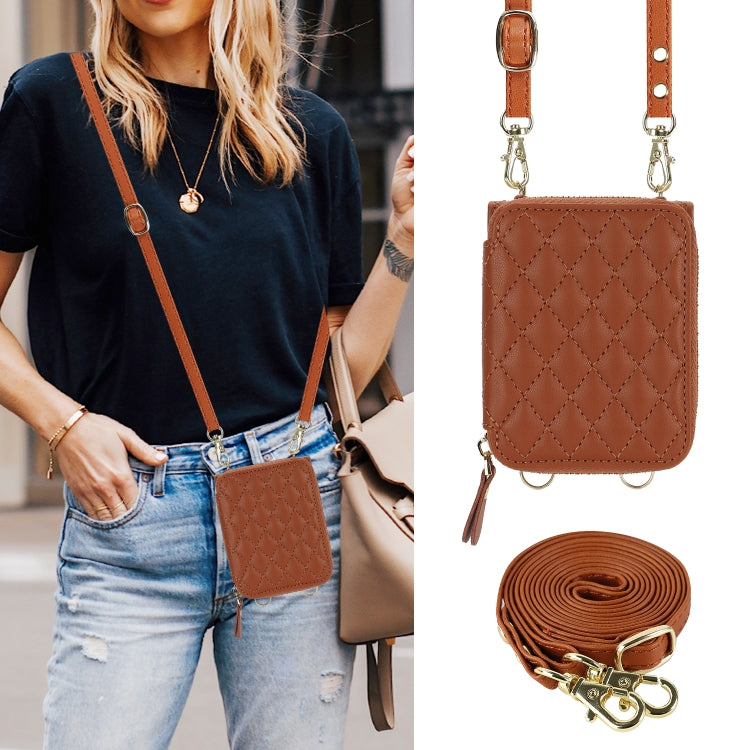 For Samsung Galaxy Z Flip4 Rhombic Texture Card Bag Phone Case with Dual Lanyard(Brown) - Galaxy Z Flip4 5G Cases by buy2fix | Online Shopping UK | buy2fix