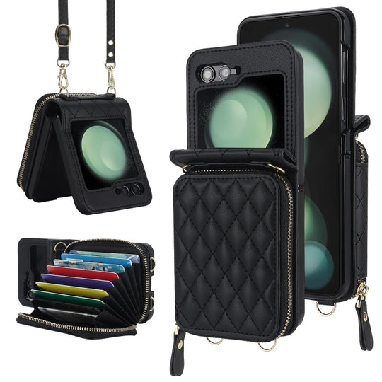 For Samsung Galaxy Z Flip6 / Flip7 FE Rhombic Texture Card Bag Phone Case with Dual Lanyard(Black)