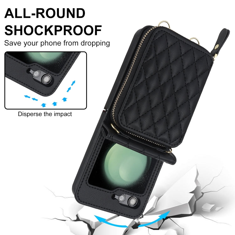 For Samsung Galaxy Z Flip6 Rhombic Texture Card Bag Phone Case with Dual Lanyard(Black) - Galaxy Z Flip6 5G Cases by buy2fix | Online Shopping UK | buy2fix