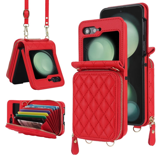 For Samsung Galaxy Z Flip6 / Flip7 FE Rhombic Texture Card Bag Phone Case with Dual Lanyard(Red)