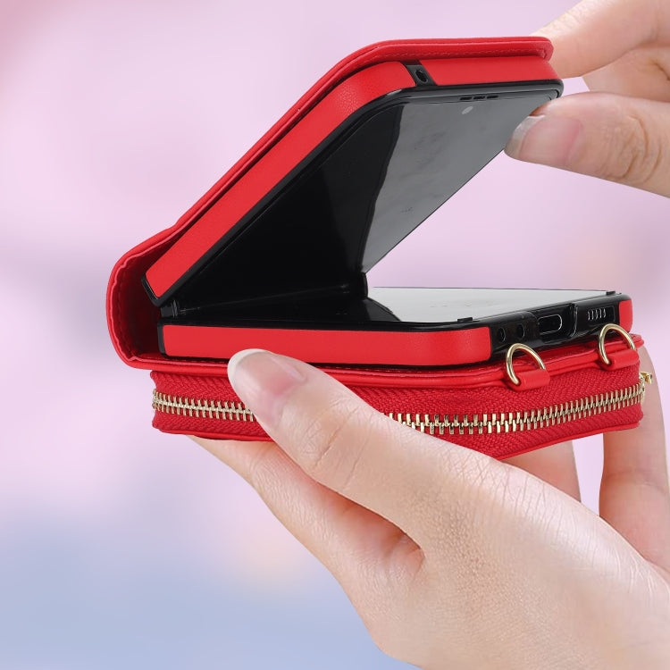 For Samsung Galaxy Z Flip6 / Flip7 FE Rhombic Texture Card Bag Phone Case with Dual Lanyard(Red) - Galaxy Z Flip6 5G Cases by buy2fix | Online Shopping UK | buy2fix